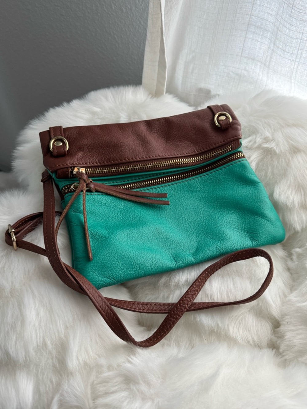 Italian Leather Women’s Crossbody Bag in Brown/Teal